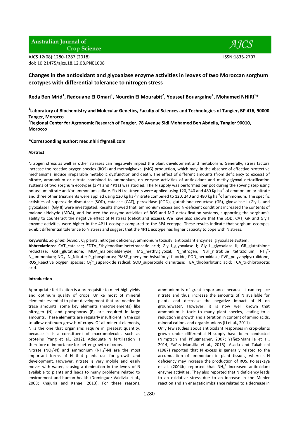 Changes in the Antioxidant and Glyoxalase Enzyme Activities in Leaves of Two Moroccan Sorghum Ecotypes with Differential Tolerance to Nitrogen Stress