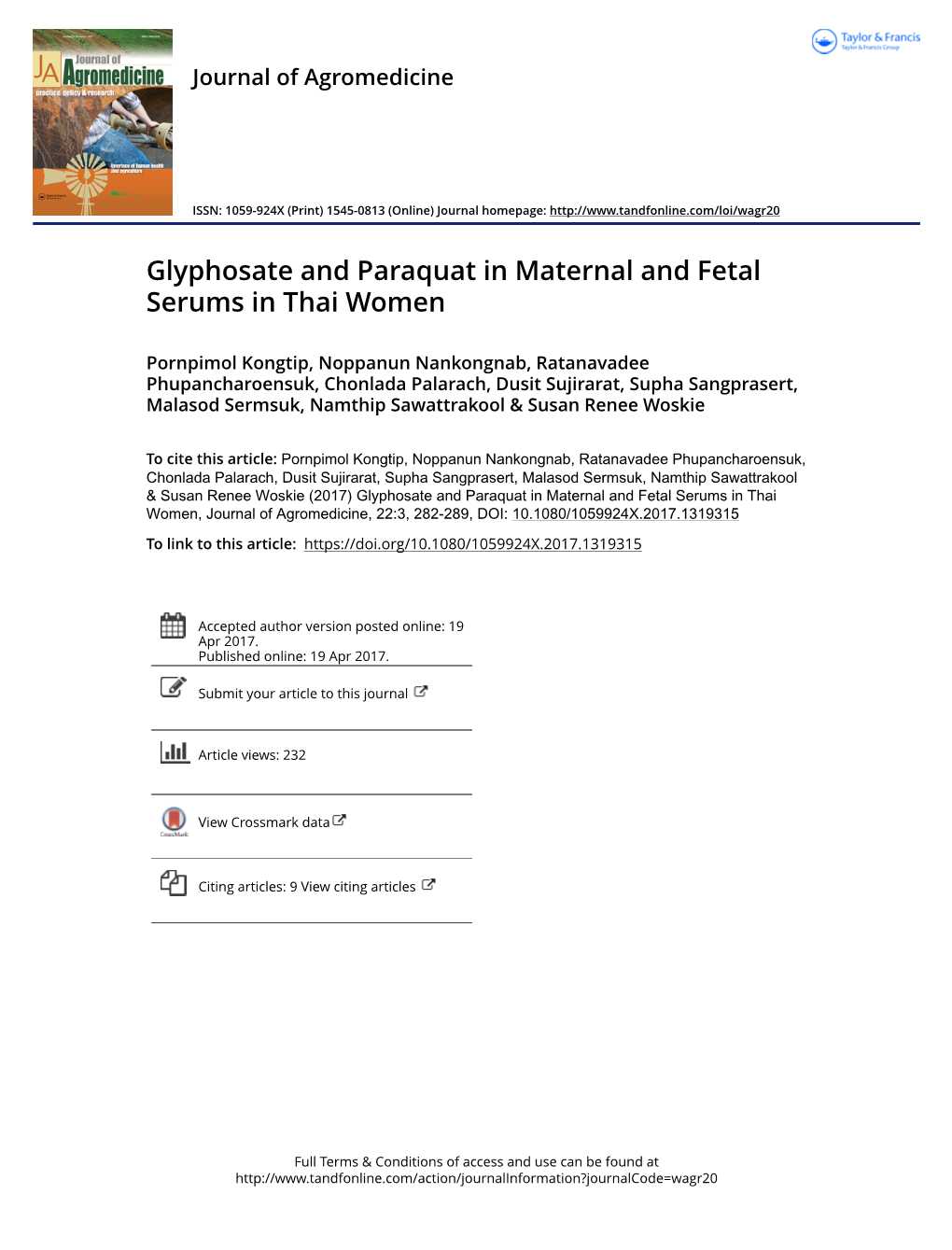 Glyphosate and Paraquat in Maternal and Fetal Serums in Thai Women