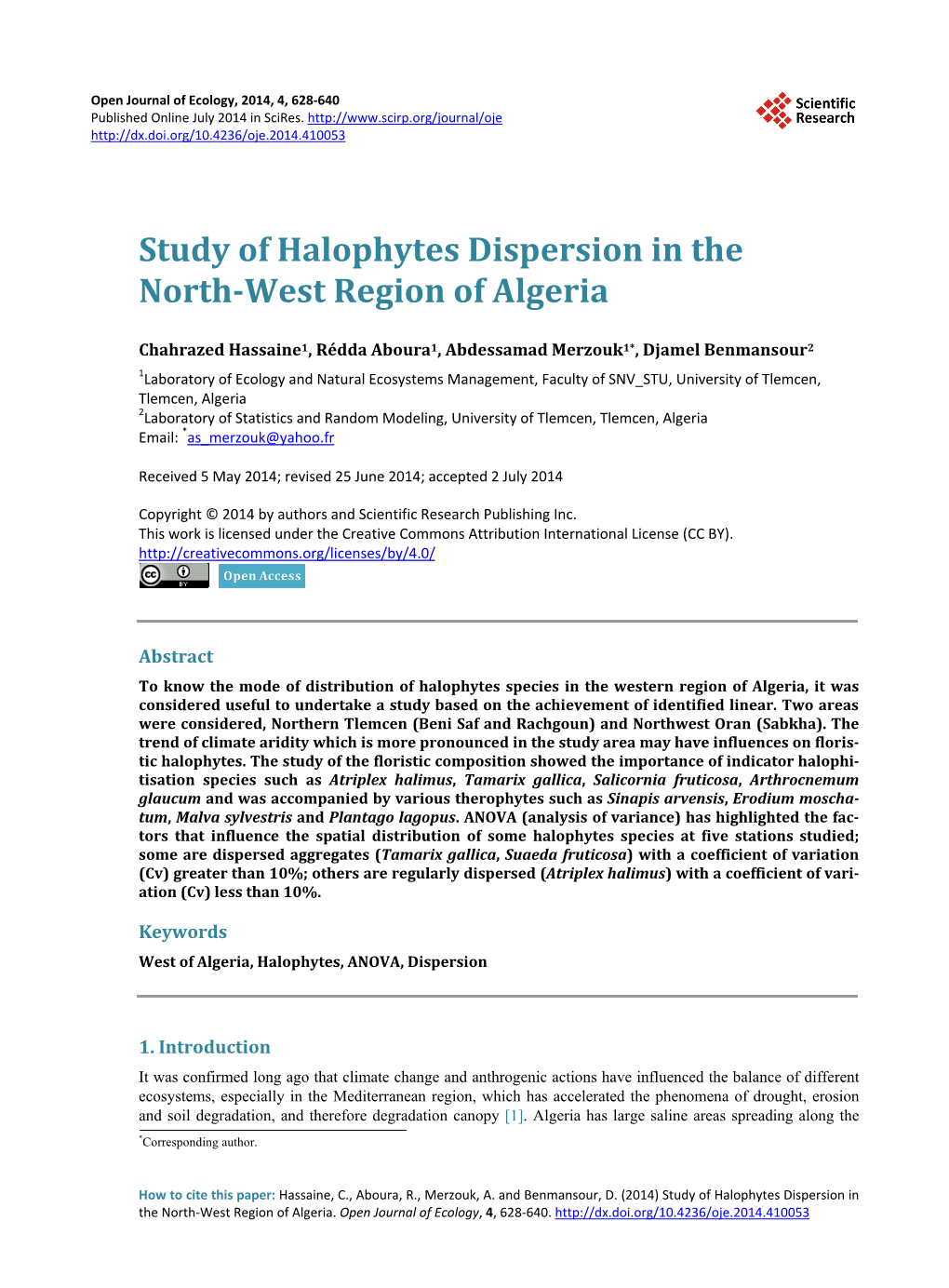 Study of Halophytes Dispersion in the North-West Region of Algeria