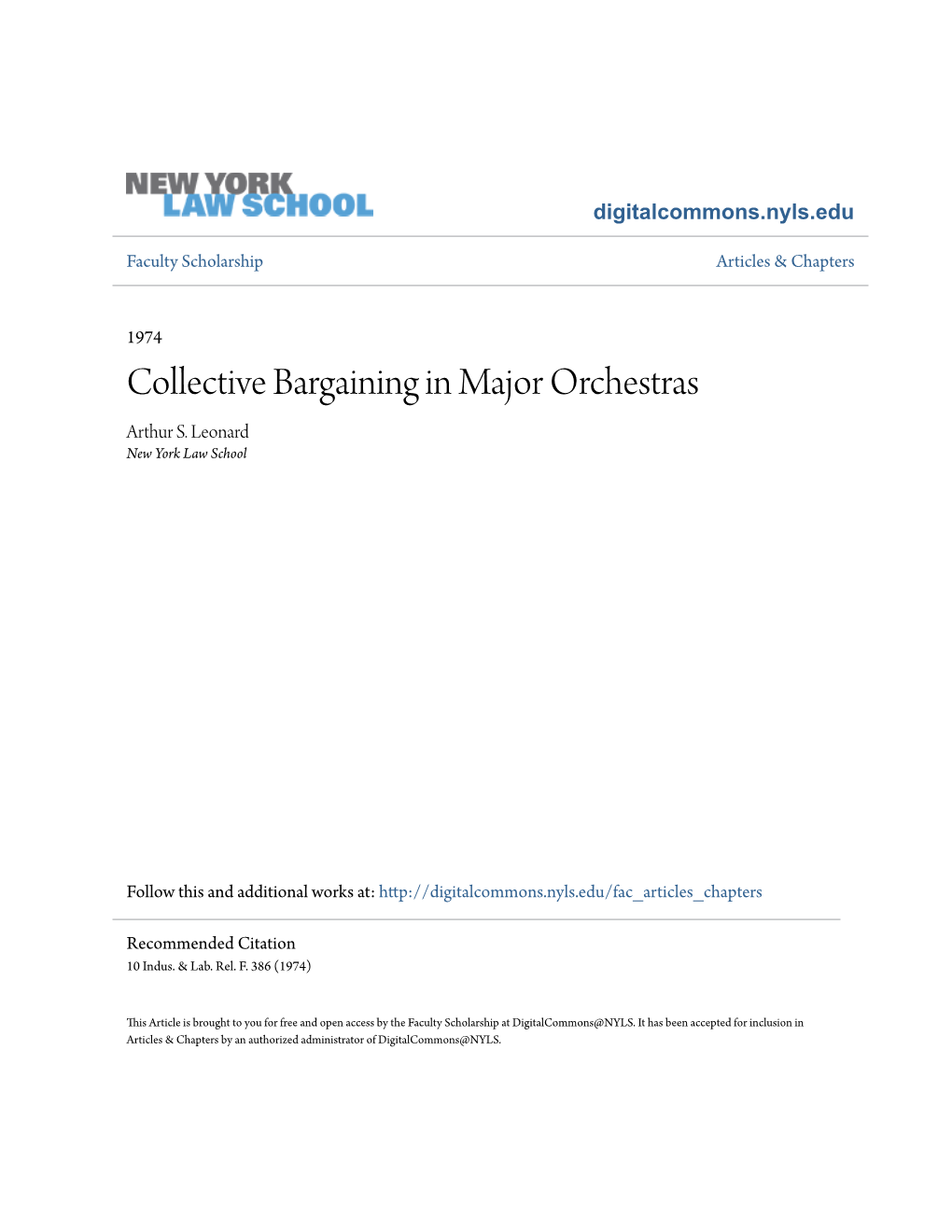 Collective Bargaining in Major Orchestras Arthur S