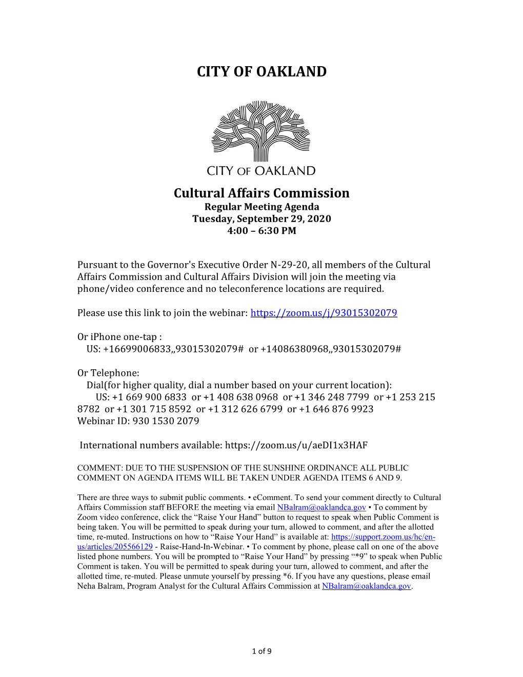 Cultural Affairs Commission Regular Meeting Agenda Tuesday, September 29, 2020 4:00 – 6:30 PM