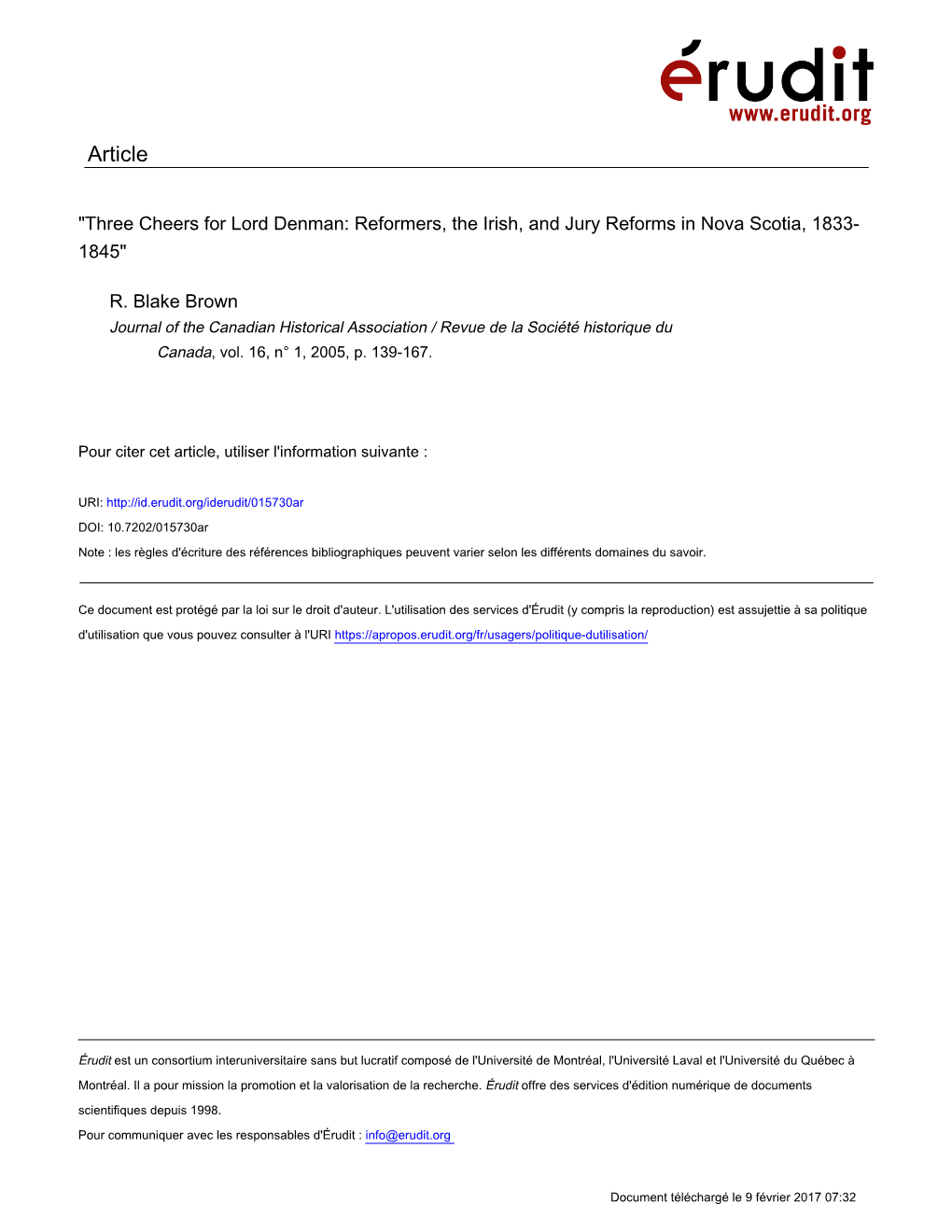 Three Cheers for Lord Denman: Reformers, the Irish, and Jury Reforms in Nova Scotia, 1833- 1845"