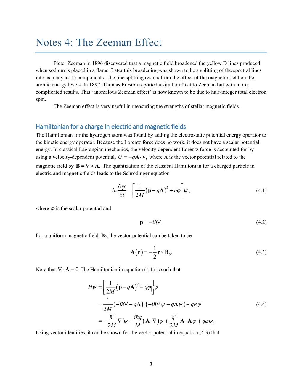 Notes 4: the Zeeman Effect