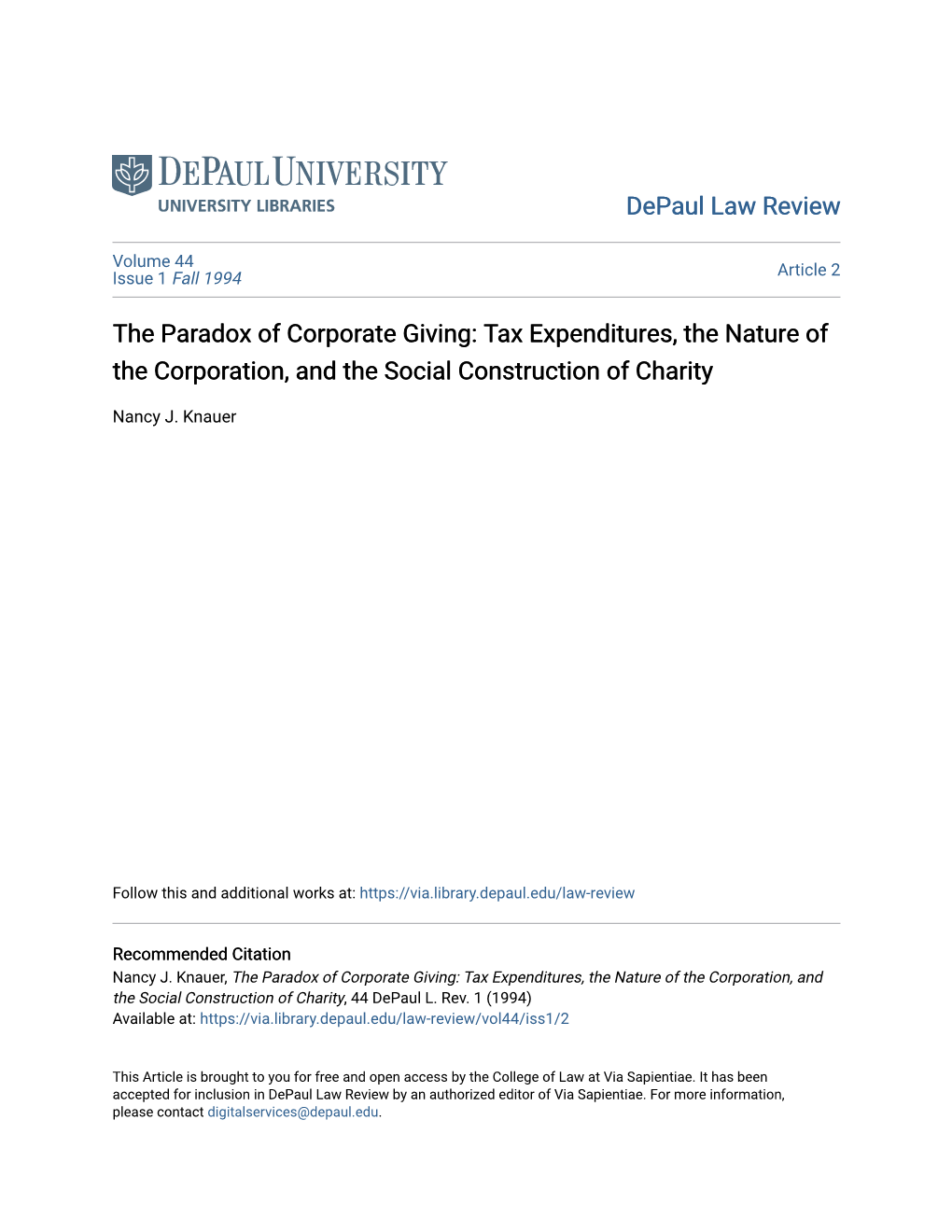 Tax Expenditures, the Nature of the Corporation, and the Social Construction of Charity
