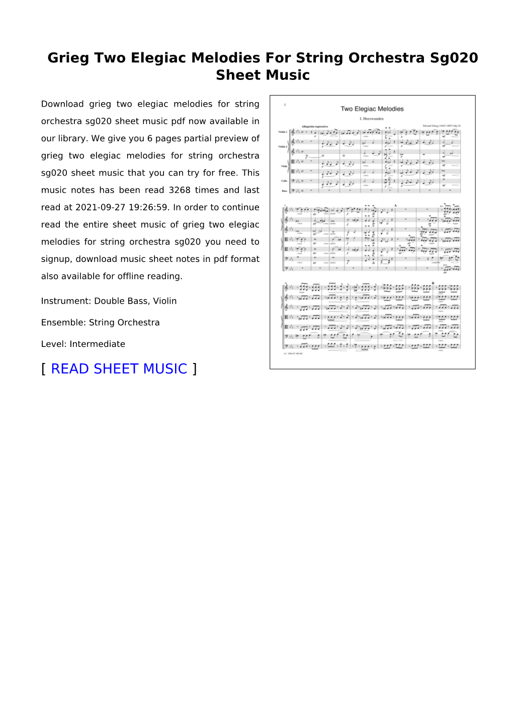 Grieg Two Elegiac Melodies for String Orchestra Sg020 Sheet Music