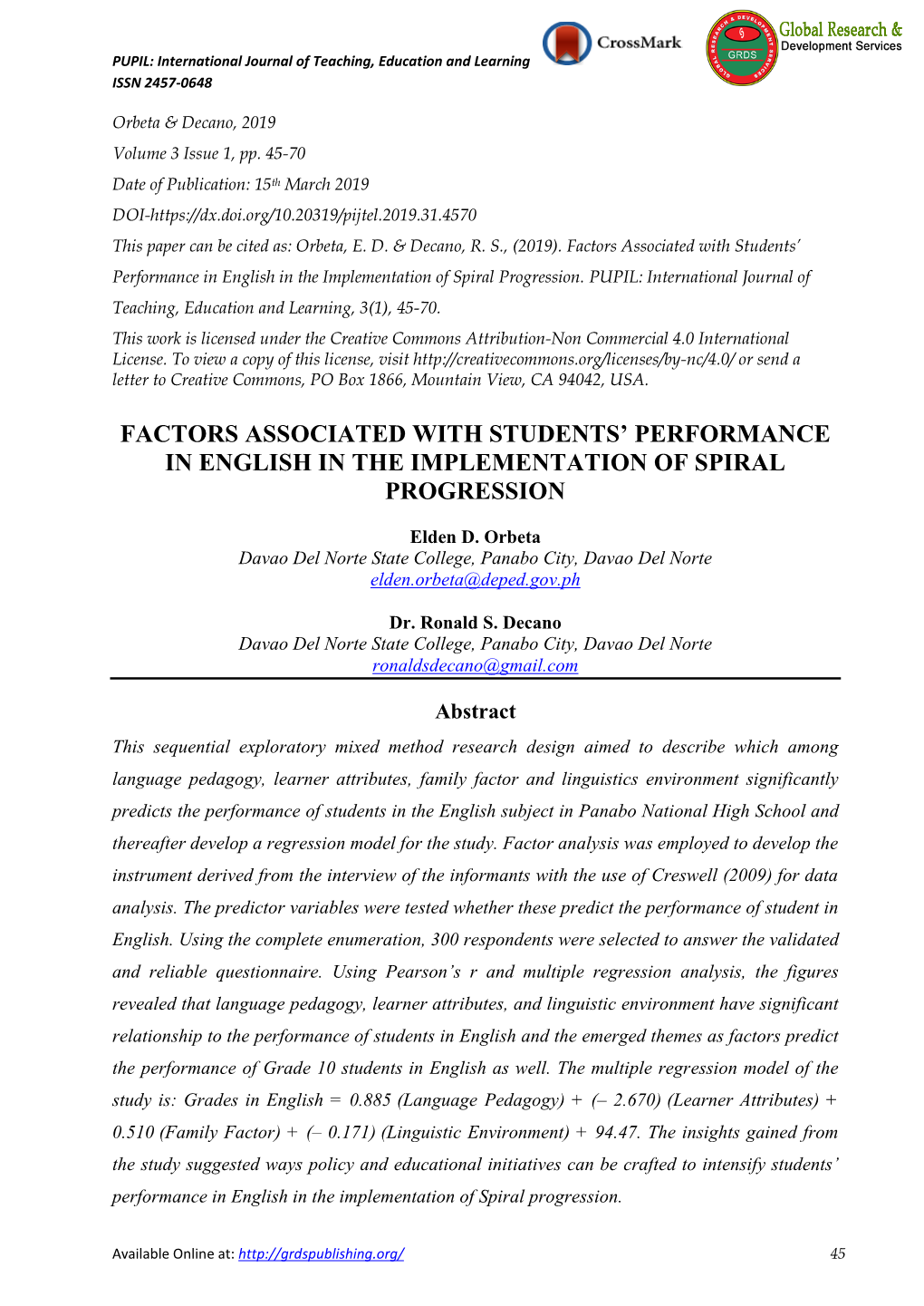 Factors Associated with Students' Performance In