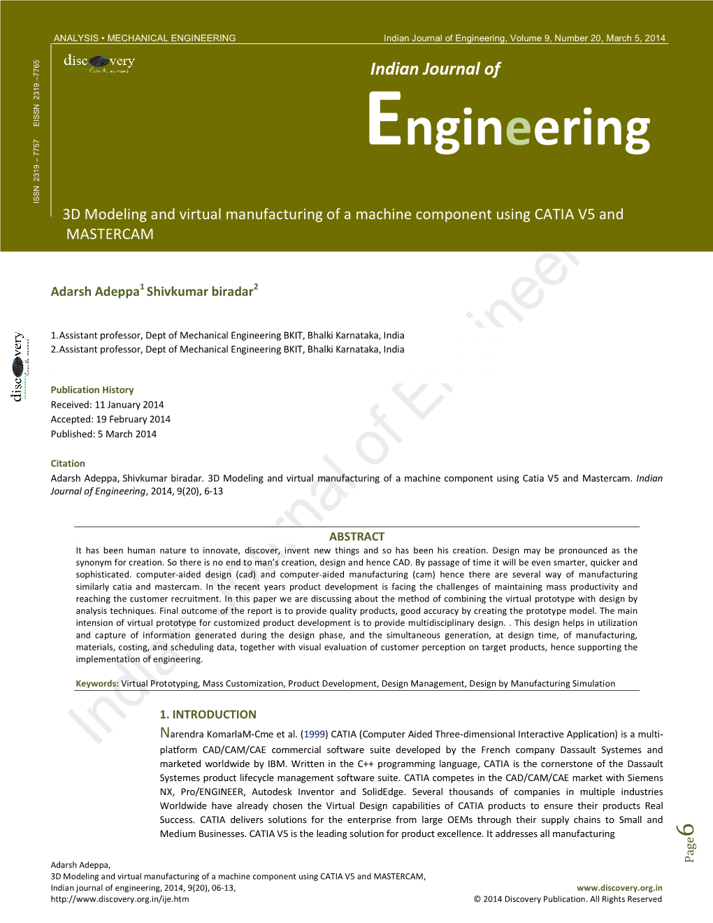 ENGINEERING Indian Journal of Engineering, Volume 9, Number 20, March 5, 2014