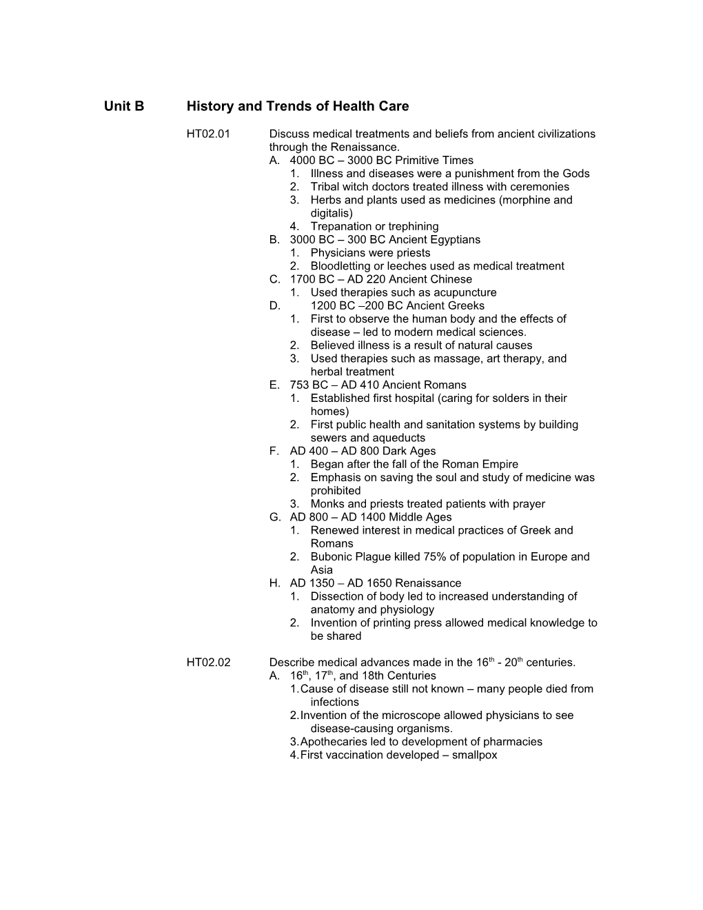 Unit B History and Trends of Health Care