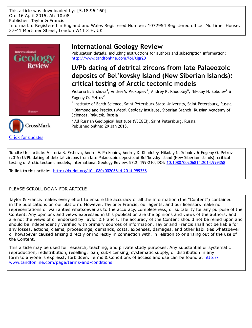 U/Pb Dating of Detrital Zircons from Late Palaeozoic Deposits of Bel’Kovsky Island (New Siberian Islands): Critical Testing of Arctic Tectonic Models Victoria B