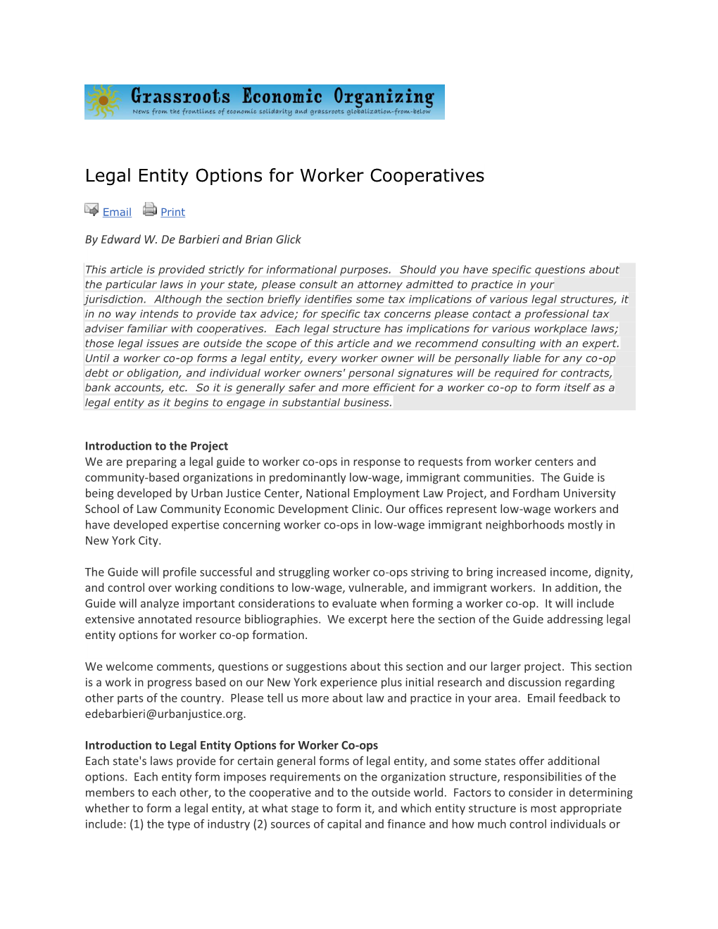 Legal Entity Options for Worker Cooperatives