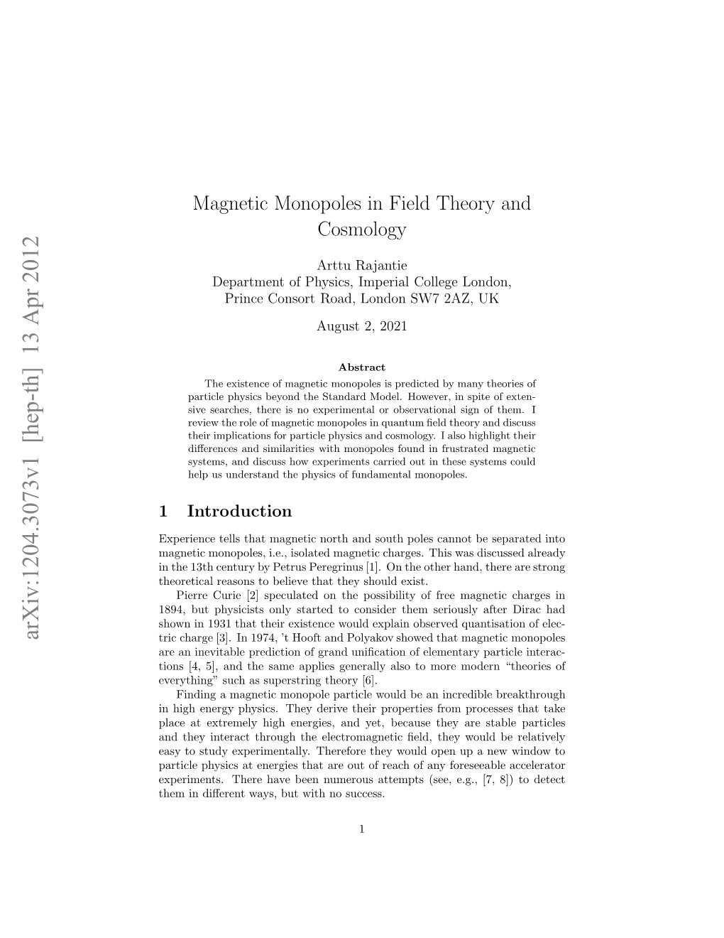Magnetic Monopoles in Field Theory and Cosmology