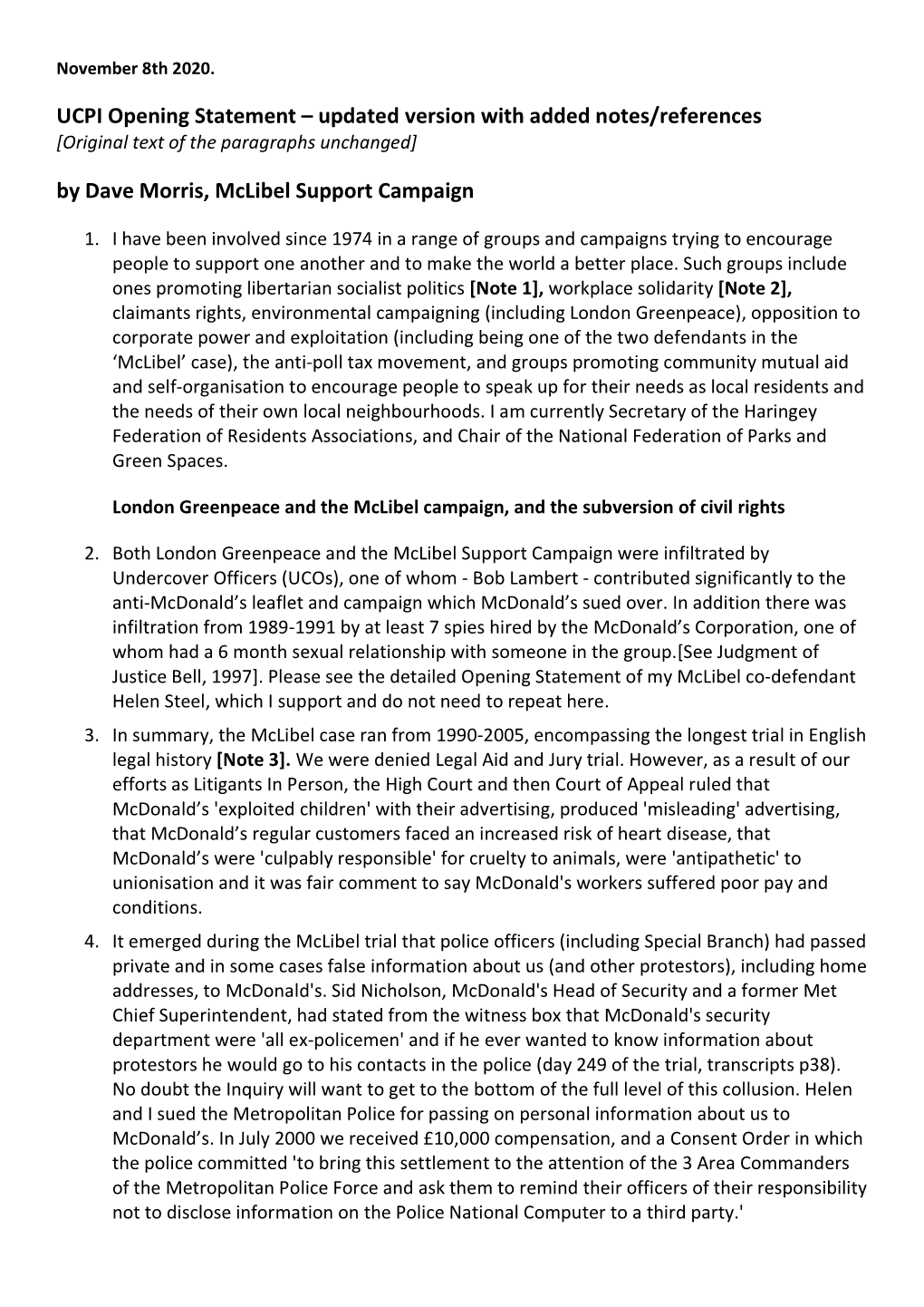 UCPI Opening Statement – Updated Version with Added Notes/References [Original Text of the Paragraphs Unchanged] by Dave Morris, Mclibel Support Campaign