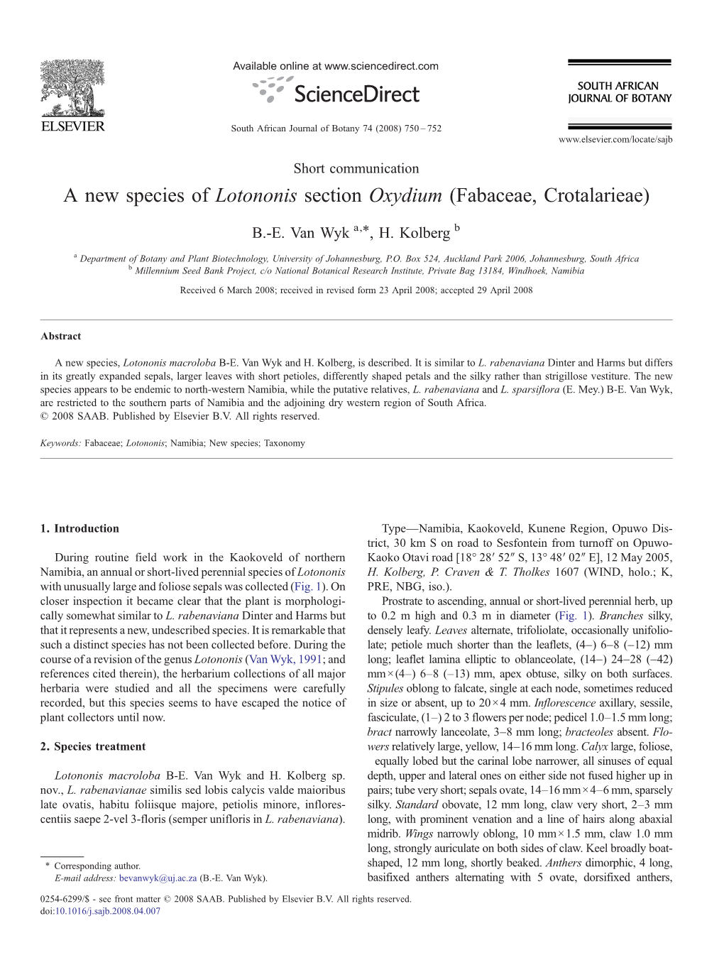 A New Species of Lotononis Section Oxydium (Fabaceae, Crotalarieae) ⁎ B.-E