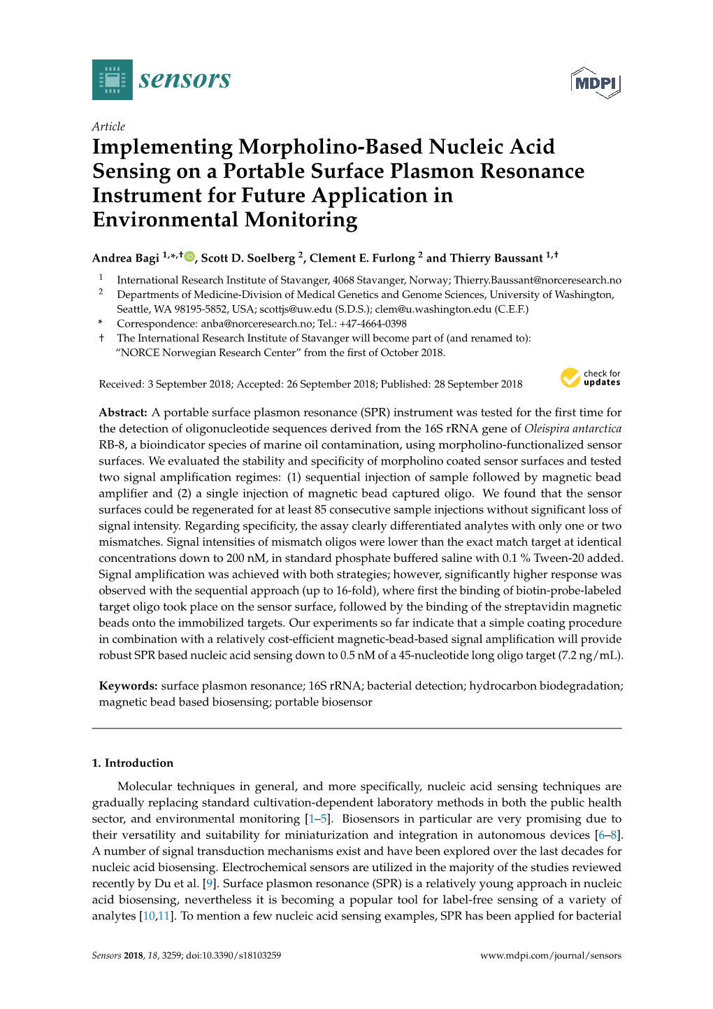 Implementing Morpholino-Based Nucleic Acid Sensing on a Portable Surface Plasmon Resonance Instrument for Future Application in Environmental Monitoring