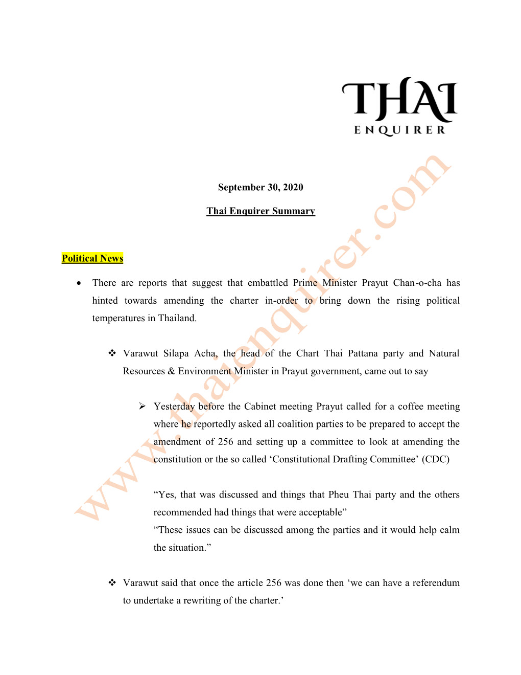 September 30, 2020 Thai Enquirer Summary Political News • There Are