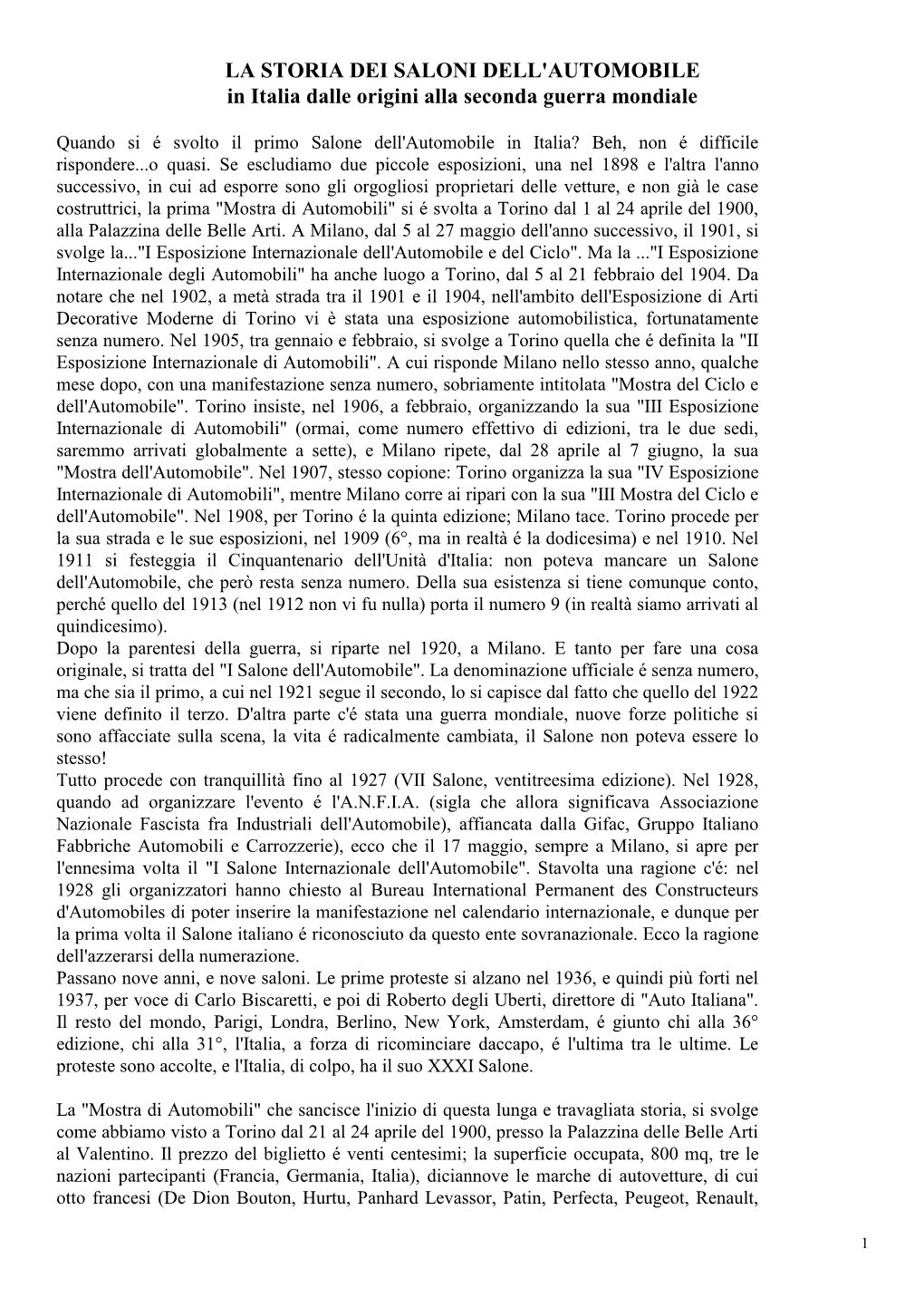 STORIA DEI SALONI DELL'automobile in Italia Dalle Origini Alla Seconda Guerra Mondiale