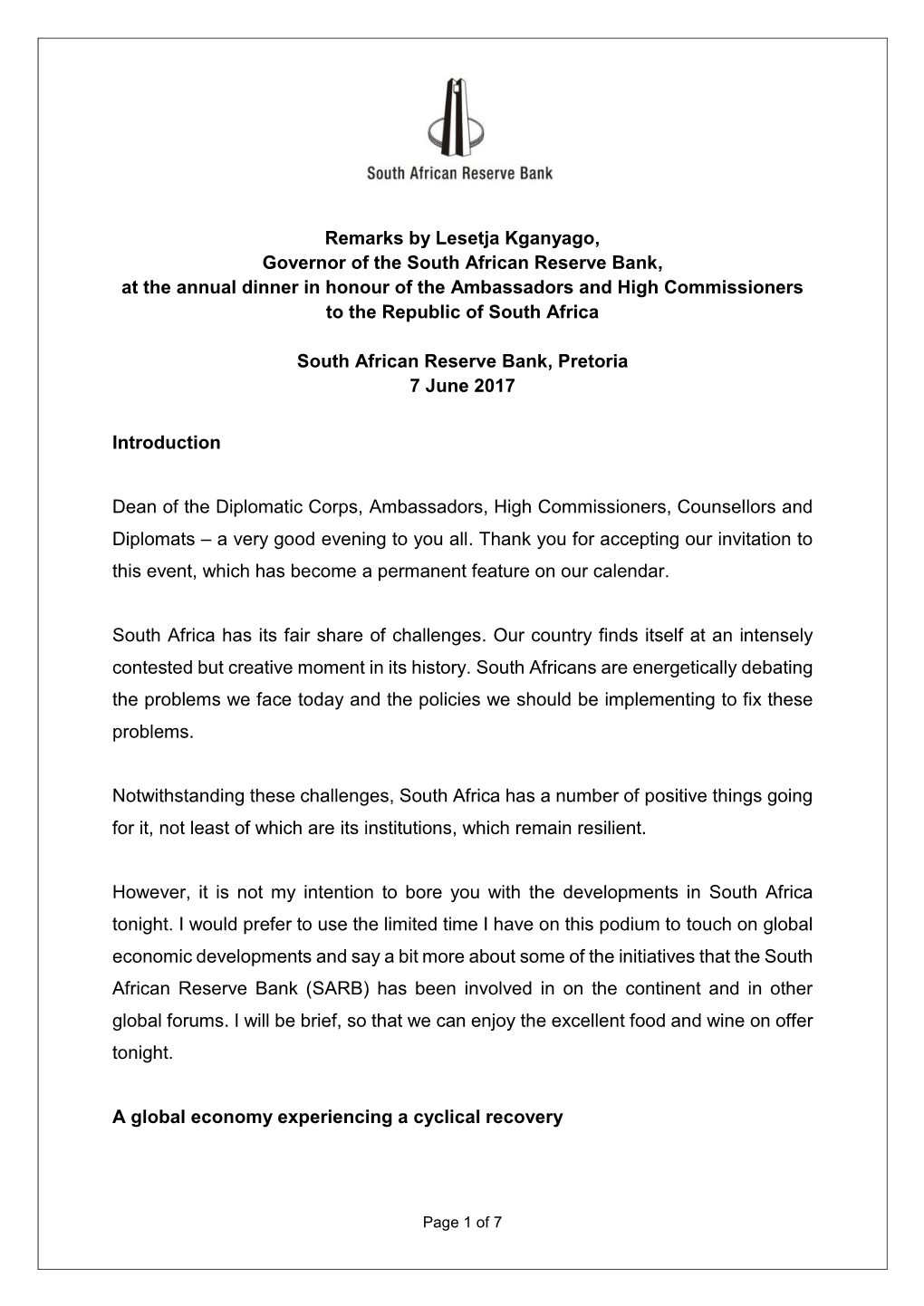 Lesetja Kganyago: Global Economic Developments and Global Initiatives Involving South Africa's Central Bank