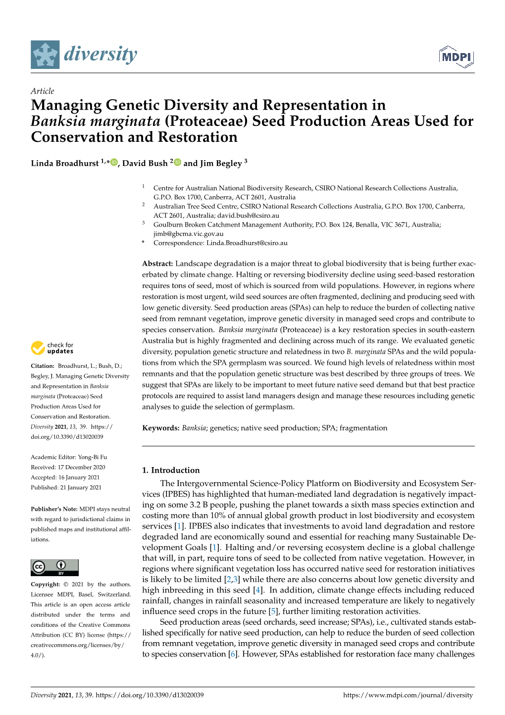 Managing Genetic Diversity and Representation in Banksia Marginata (Proteaceae) Seed Production Areas Used for Conservation and Restoration