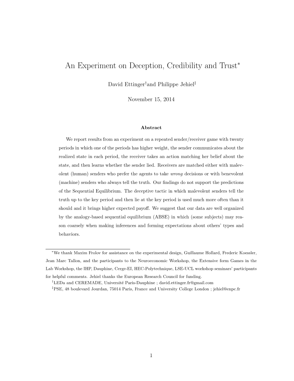An Experiment on Deception, Credibility and Trust∗