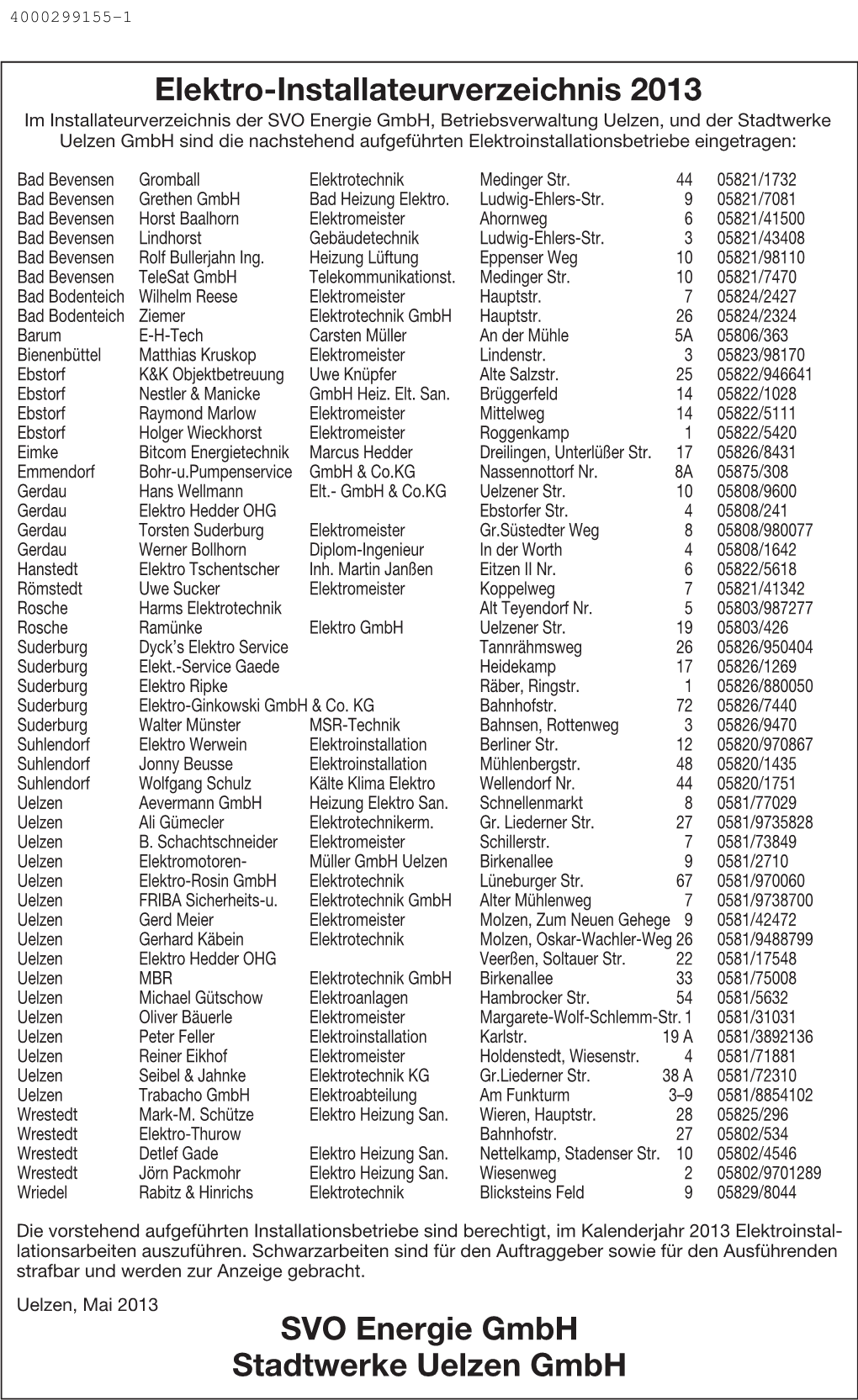 Elektro-Installateurverzeichnis 2013 SVO Energie