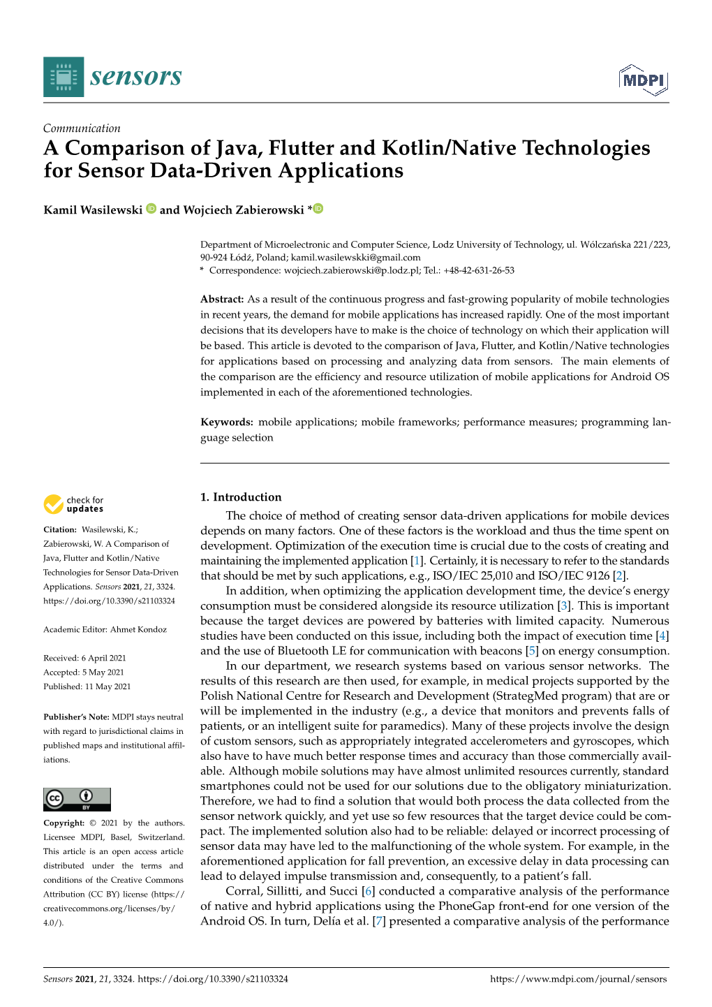 A Comparison of Java, Flutter and Kotlin/Native Technologies for Sensor Data-Driven Applications