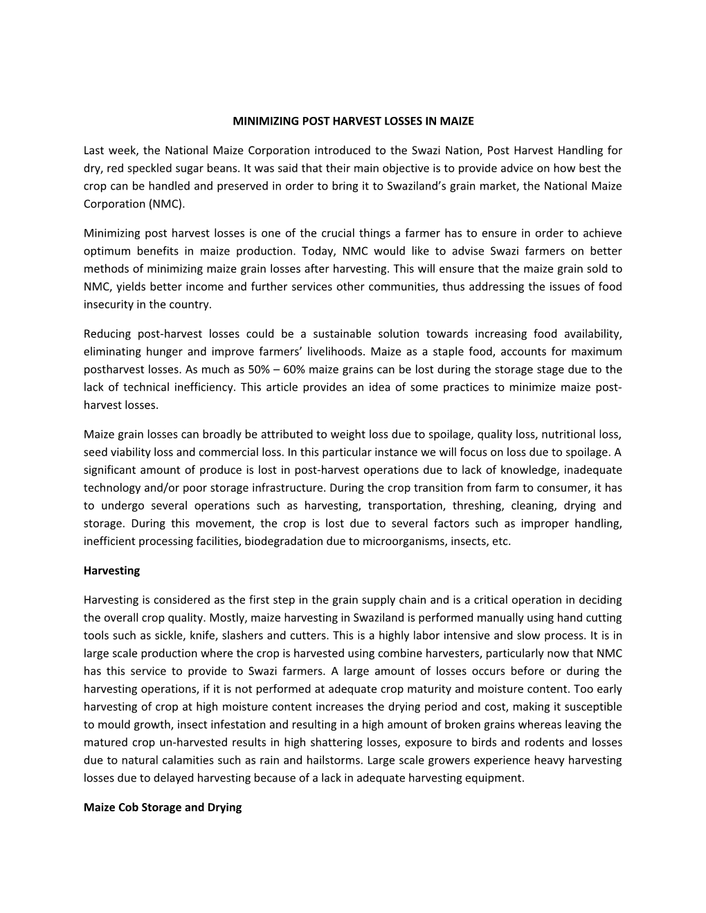 Minimizing Post Harvest Losses in Maize