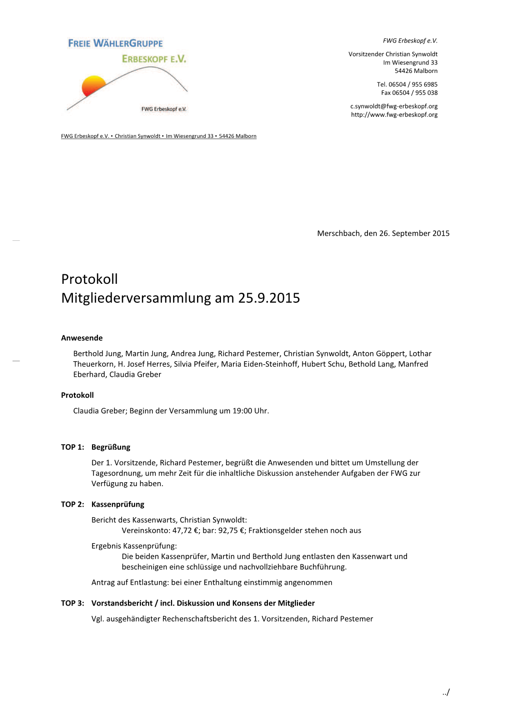 Protokoll Mitgliederversammlung Am 25.9.2015