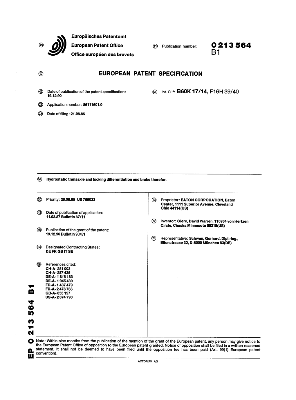 Hydrostatic Transaxle and Locking Differentiation and Brake Therefor