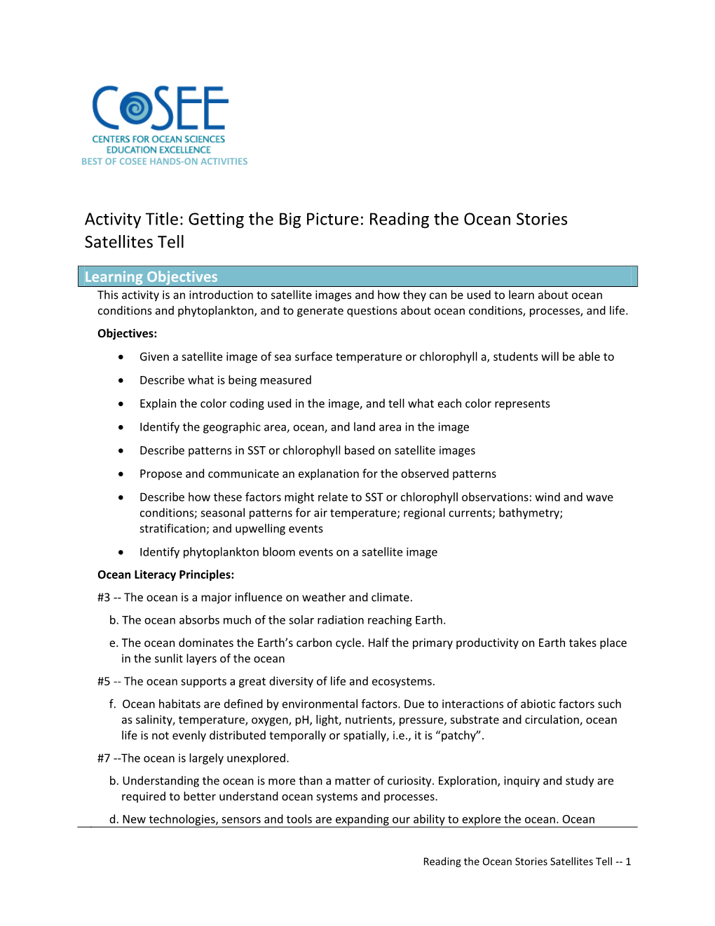 Activity Title: Getting the Big Picture: Reading the Ocean Stories Satellites Tell