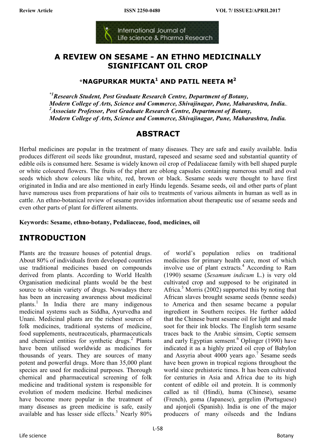 A Review on Sesame - an Ethno Medicinally Significant Oil Crop