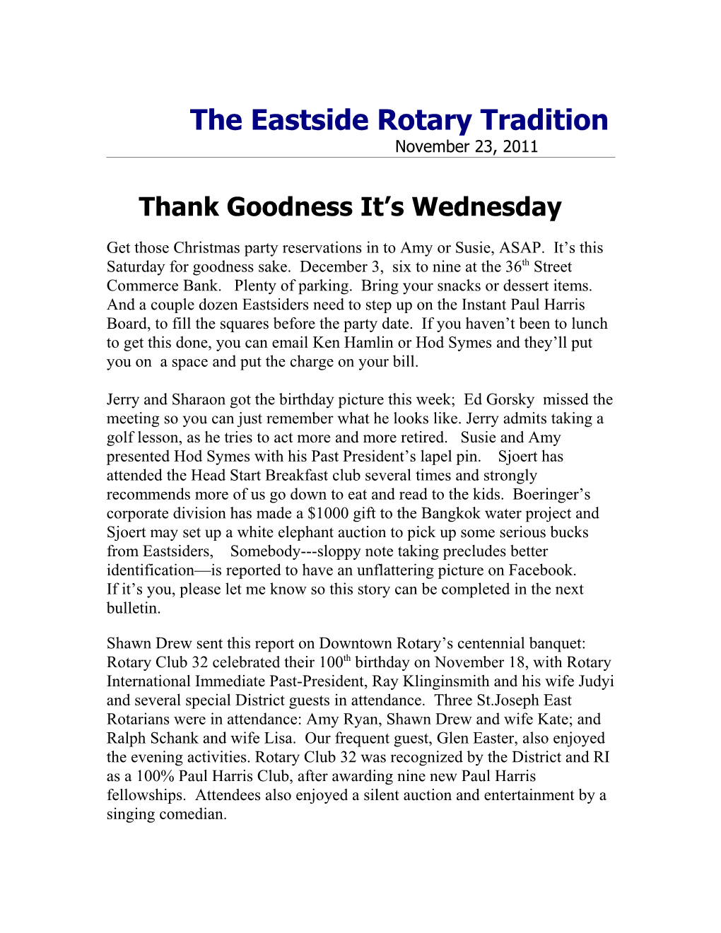 The Eastside Rotary Tradition