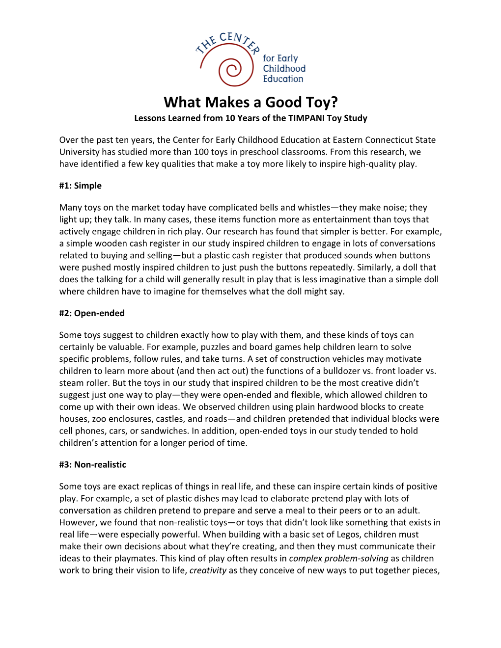 What Makes a Good Toy? Lessons Learned from 10 Years of the TIMPANI Toy Study