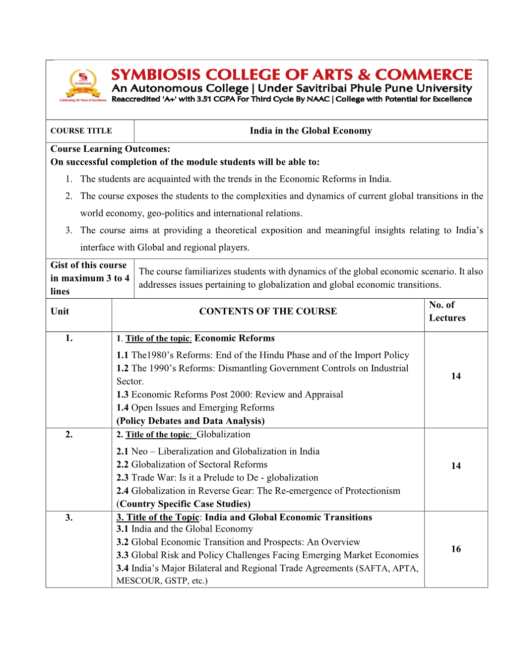 India in the Global Economy Course Learning Outcomes: on Successful Completion of the Module Students Will Be Able To: 1