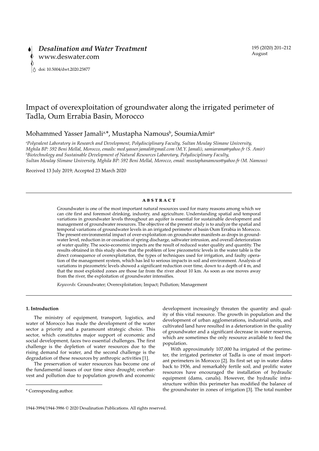 Impact of Overexploitation of Groundwater Along the Irrigated Perimeter of Tadla, Oum Errabia Basin, Morocco