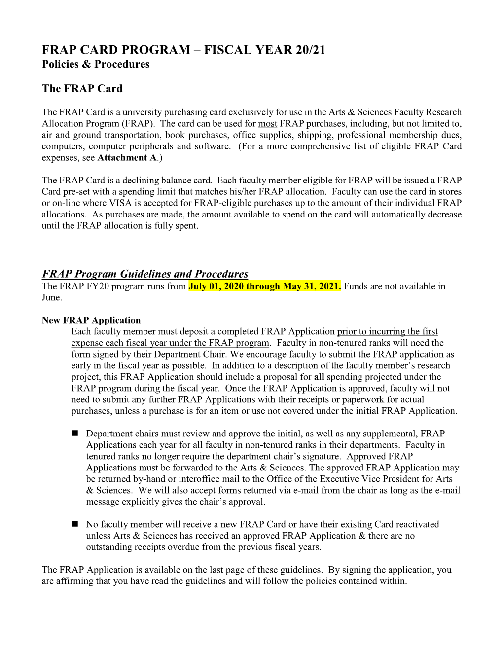 FRAP CARD PROGRAM – FISCAL YEAR 20/21 Policies & Procedures