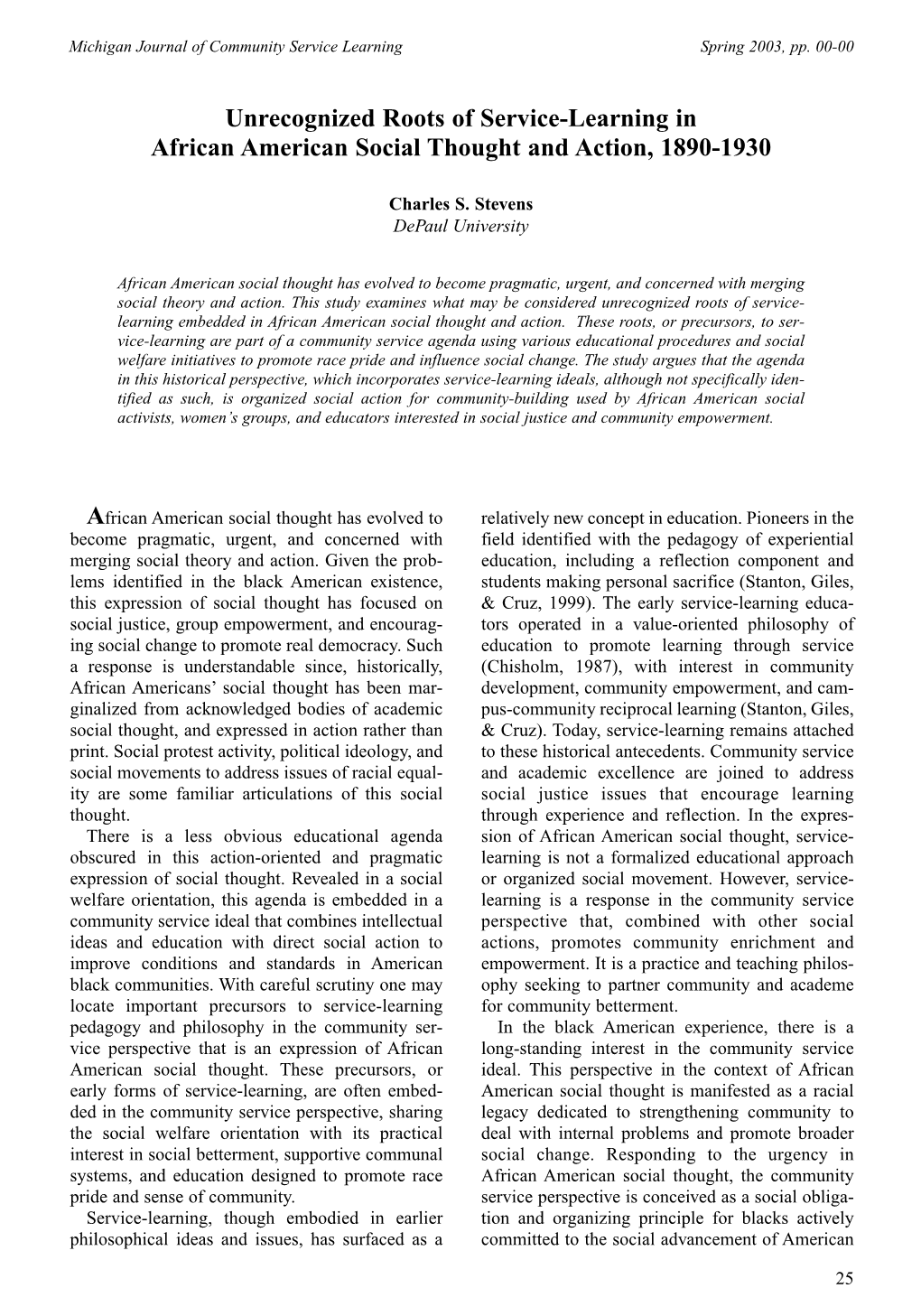 Unrecognized Roots of Service-Learning in African American Social Thought and Action, 1890-1930