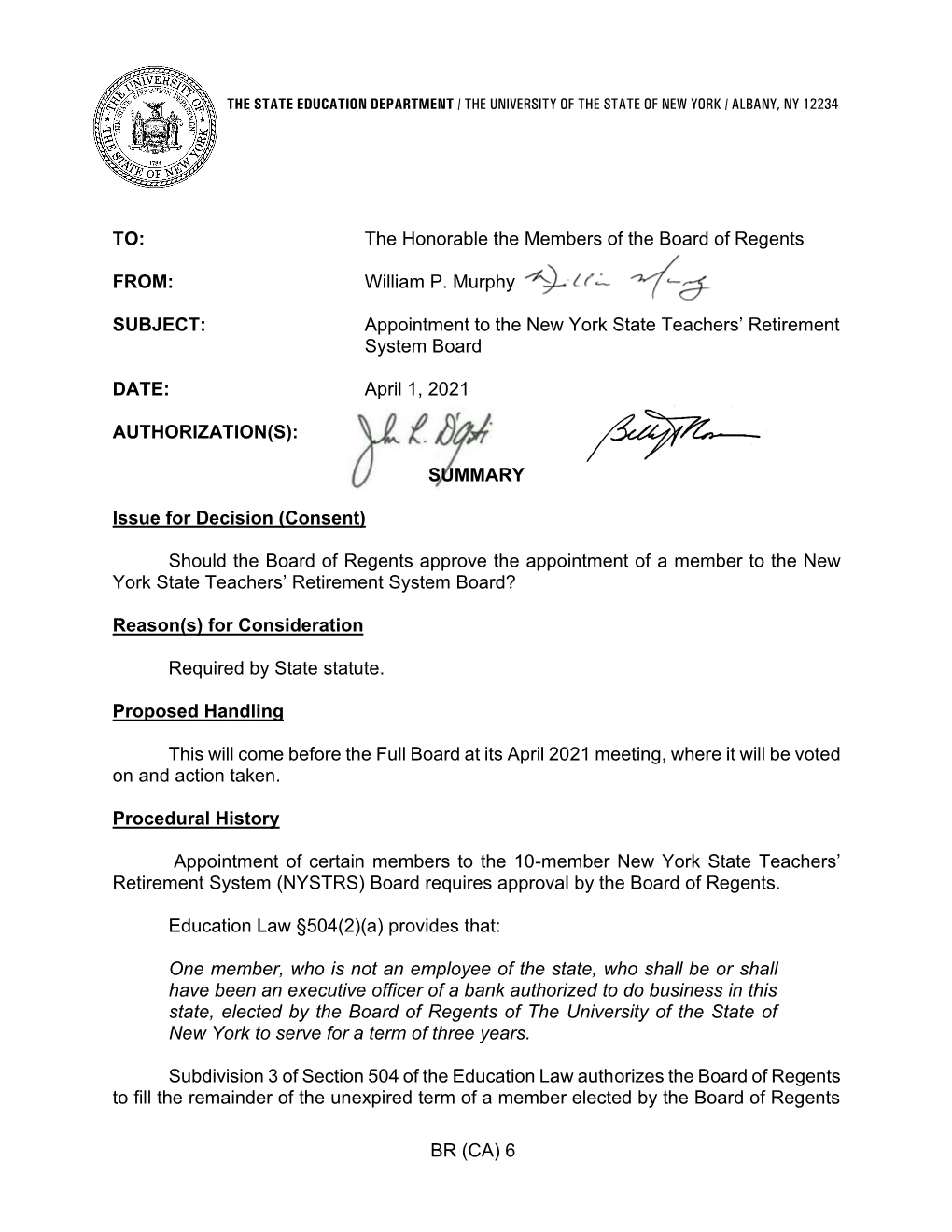 Appointment to the New York State Teachers' Retirement System Board