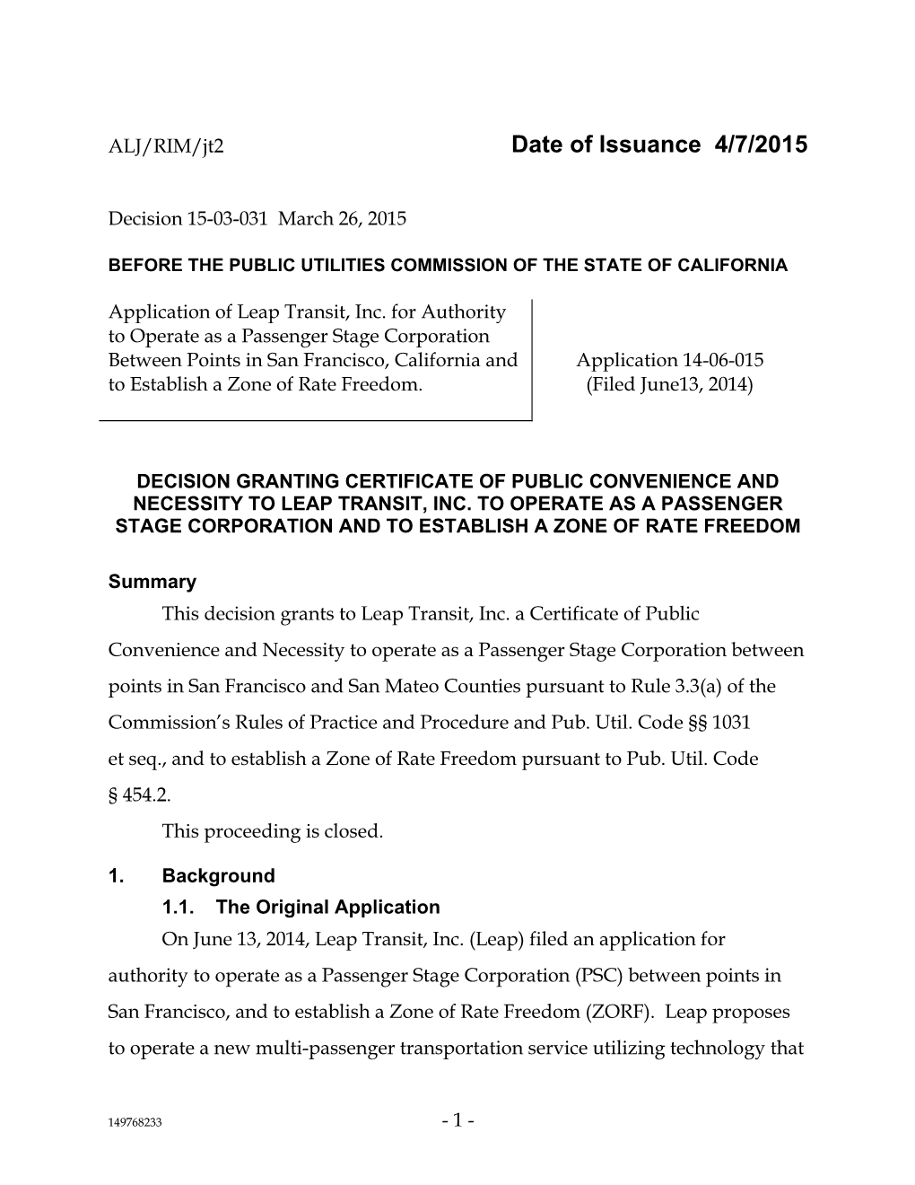 Date of Issuance 4/7/2015