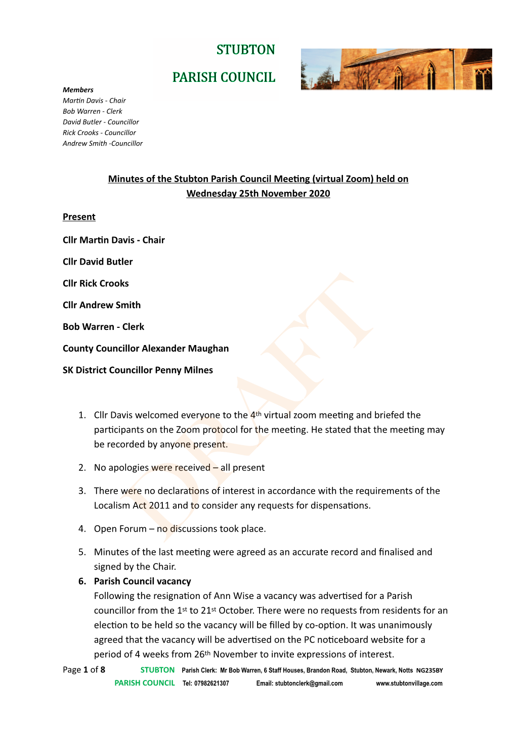 STUBTON PARISH COUNCIL Members Mar�N Davis - Chair Bob Warren - Clerk David Butler - Councillor Rick Crooks - Councillor Andrew Smith -Councillor