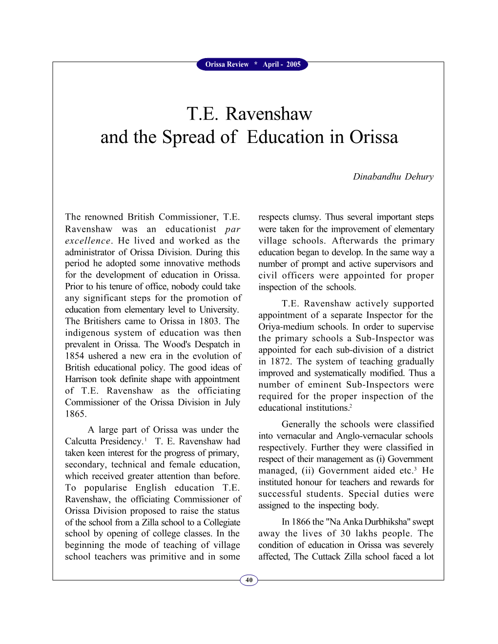 T.E. Ravenshaw and the Spread of Education in Orissa