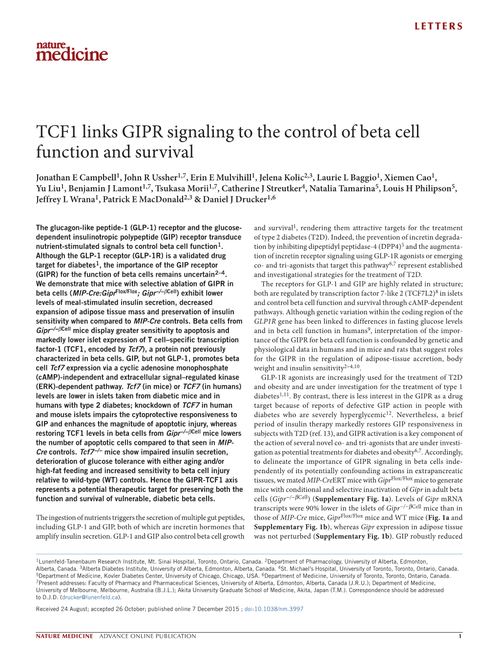 TCF1 Links GIPR Signaling to the Control of Beta Cell Function and Survival