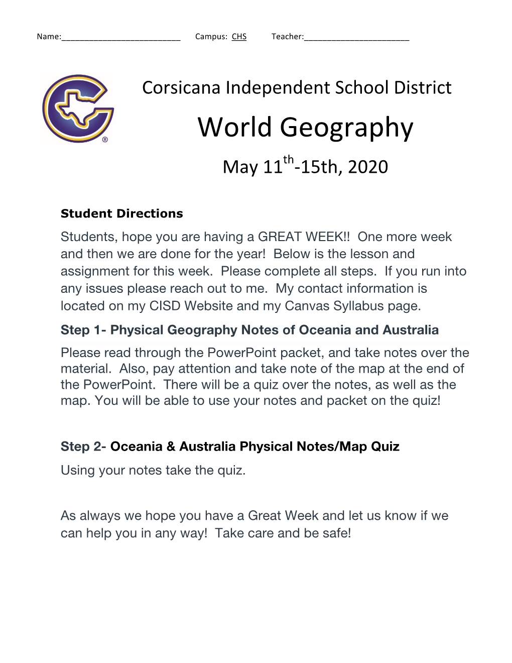 World Geography Th May 11 -15Th, 2020