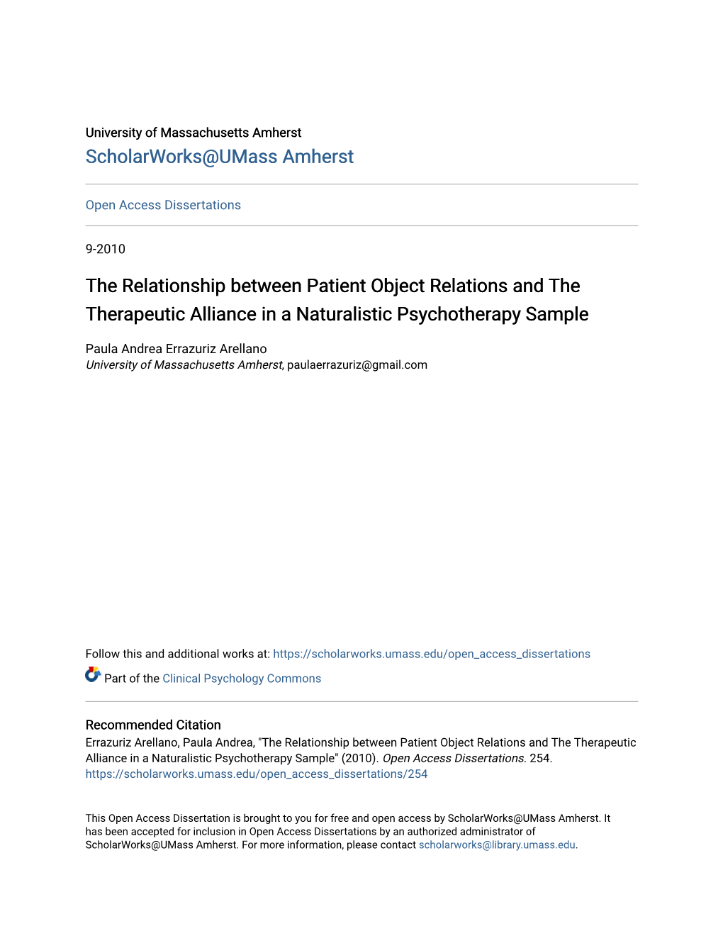 The Relationship Between Patient Object Relations and the Therapeutic Alliance in a Naturalistic Psychotherapy Sample