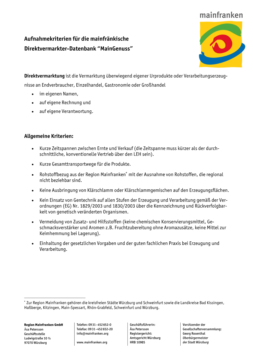 Aufnahmekriterien Für Die Mainfränkische Direktvermarkter-Datenbank “Maingenuss”