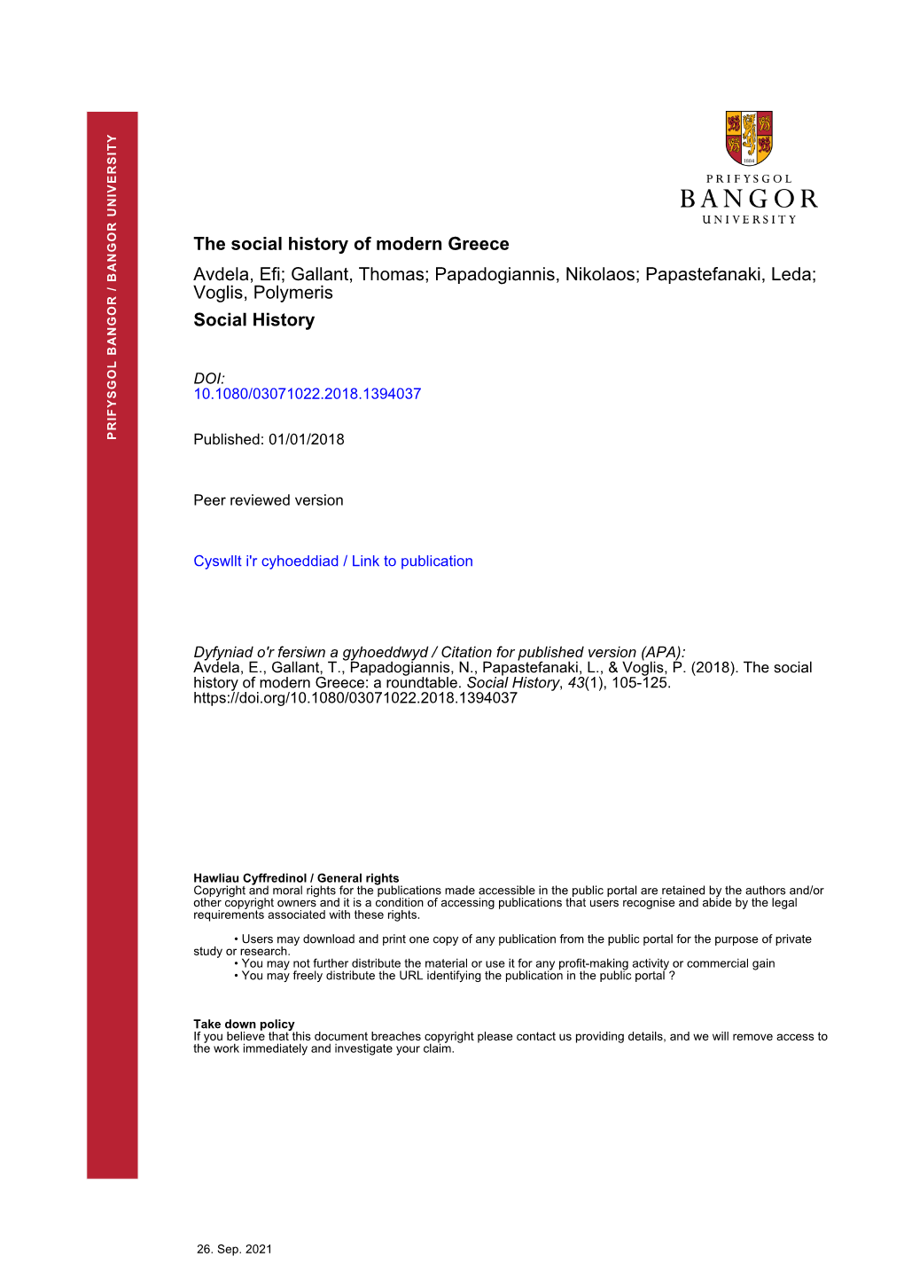 The Social History of Modern Greece Avdela, Efi; Gallant, Thomas
