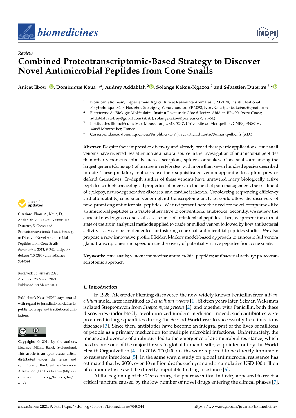 Combined Proteotranscriptomic-Based Strategy to Discover Novel Antimicrobial Peptides from Cone Snails