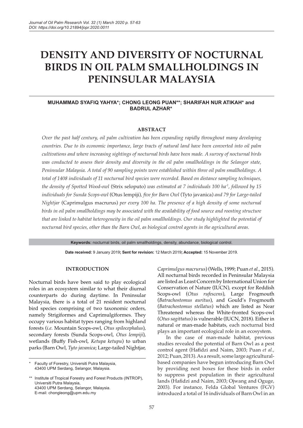 Density and Diversity of Nocturnal Birds in Oil Palm Smallholdings in Peninsular Malaysia