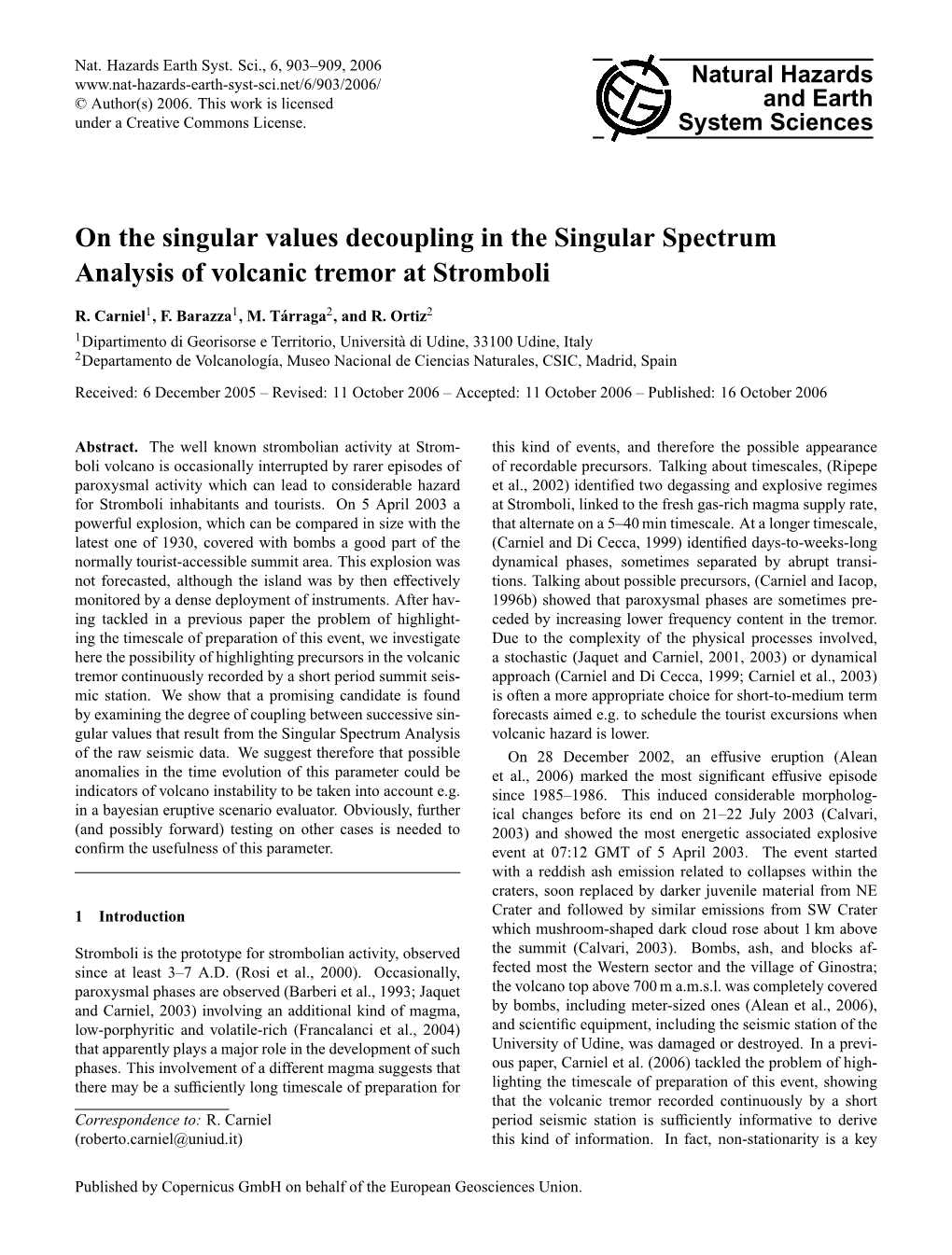 On the Singular Values Decoupling in the Singular Spectrum Analysis of Volcanic Tremor at Stromboli