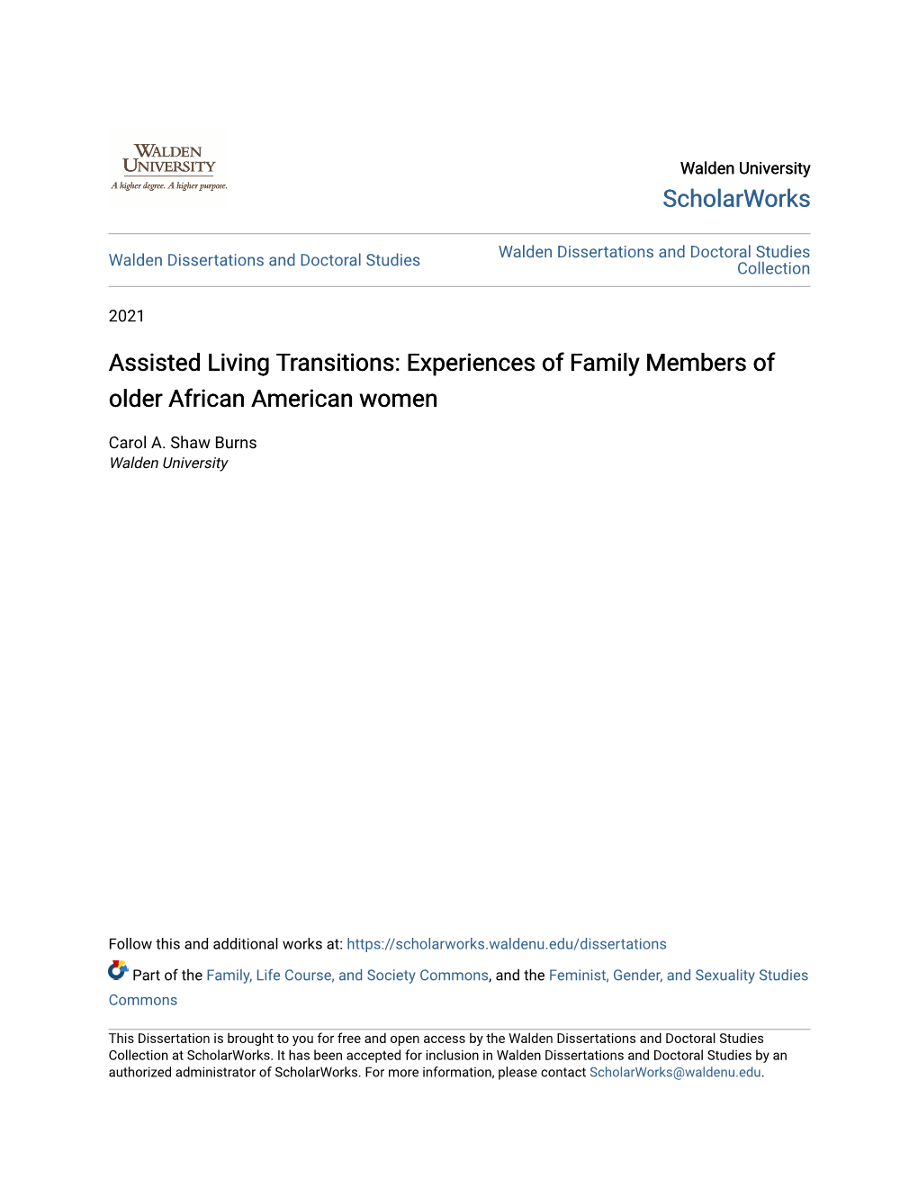 Assisted Living Transitions: Experiences of Family Members of Older African American Women