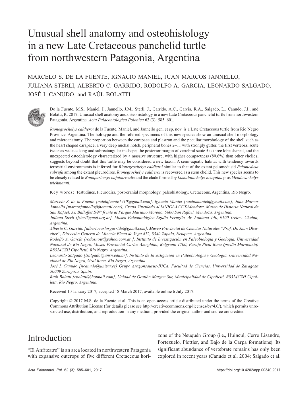 Unusual Shell Anatomy and Osteohistology in a New Late Cretaceous Panchelid Turtle from Northwestern Patagonia, Argentina